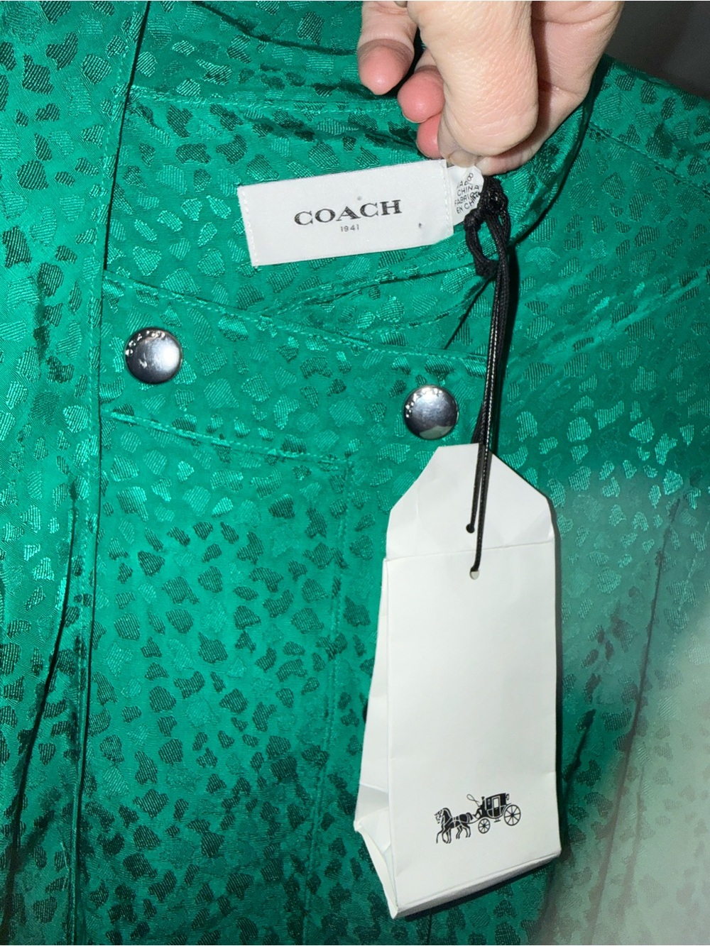 COACH 1941 Leopard Print Architectural Silk Drape Belted Dress GREEN Size 8 NWT - Picture 7 of 9
